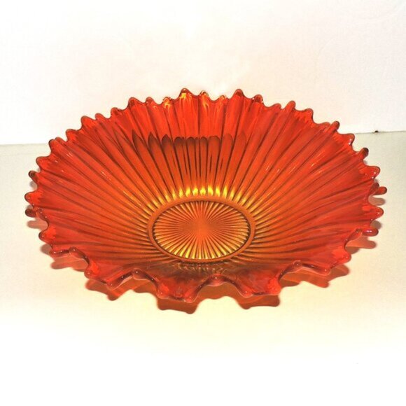 Large Fluted Flared Orange Glass Bowl Home Decor Room Accent Autumn - Picture 2 of 5